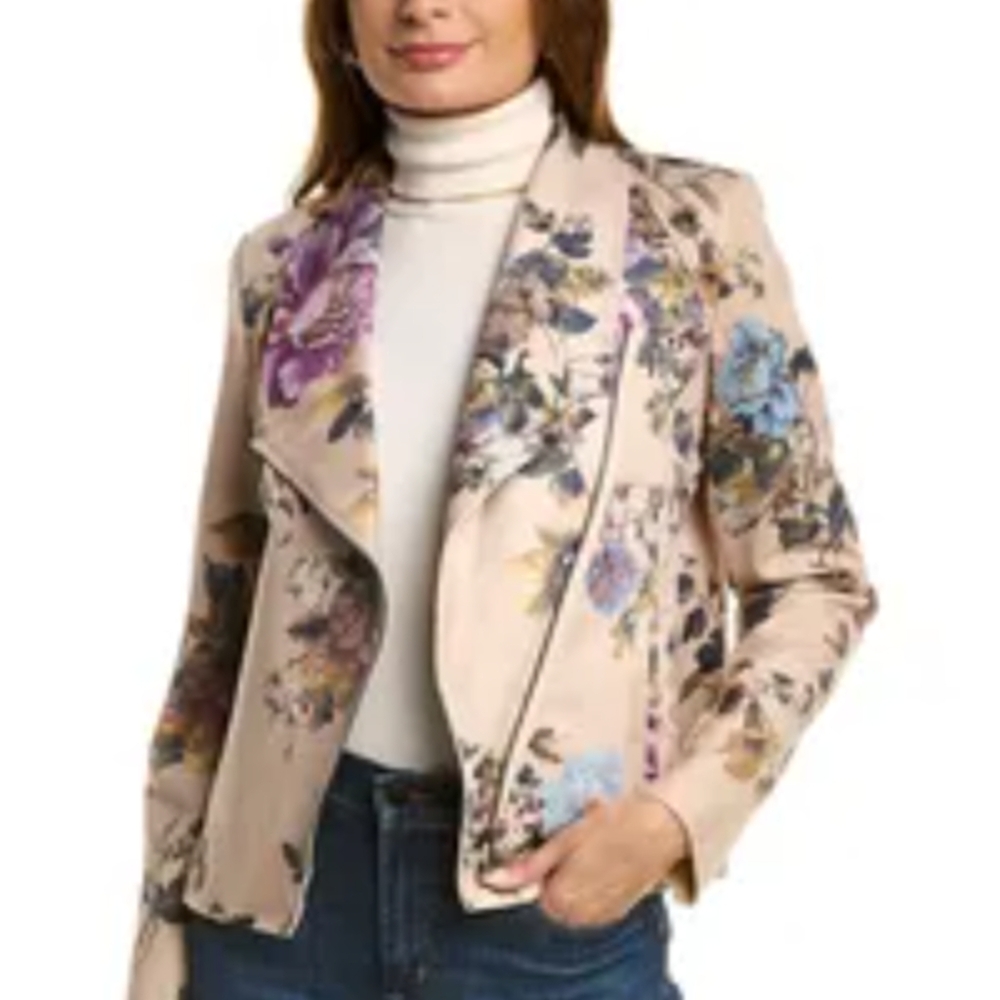 NWT Elie Tahari Faux Suede Leather Floral Women's Jacket Small